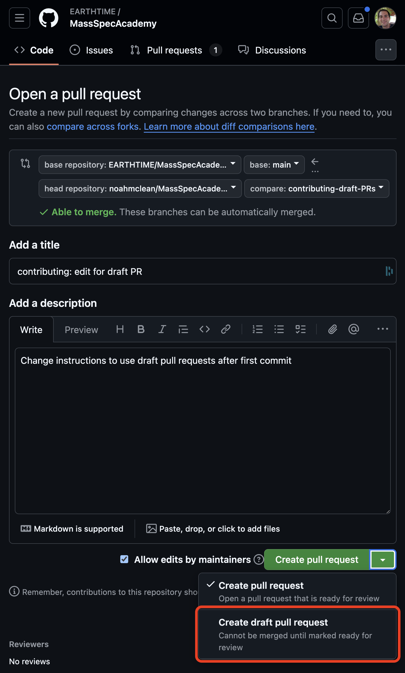 GitHub website create draft pull request screenshot
